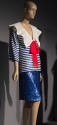 Sailor style blue and white horizontal sequin stripe top with large red bow and matching knee l…