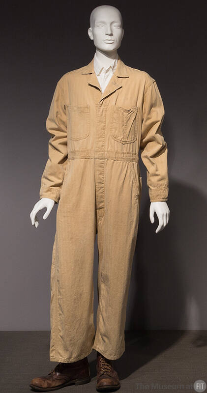 Biege overalls with long sleeves and patch breast pockets, convertible collar
