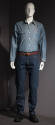 Blue long sleeve shirt with patch pockets, denim jeans with belt loops, brown belt
