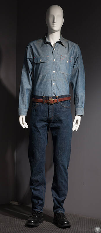 Blue long sleeve shirt with patch pockets, denim jeans with belt loops, brown belt