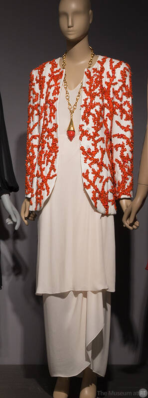 White linen jacket with faux coral embroidery; sheer white tunic, skirt and pants