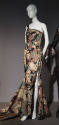 One shoulder evening camouflauge sheath dress with left front lacings from waist to hem