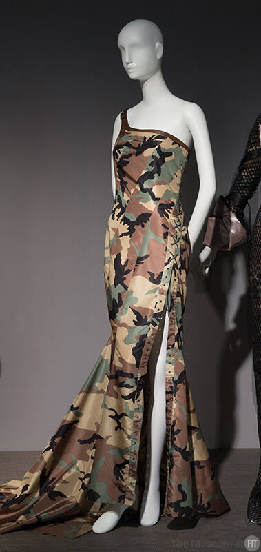 One shoulder evening camouflauge sheath dress with left front lacings from waist to hem