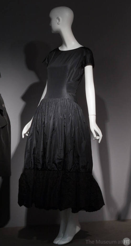 Black cap sleeve ankle length silk dress with gathered skirt and flounce hem