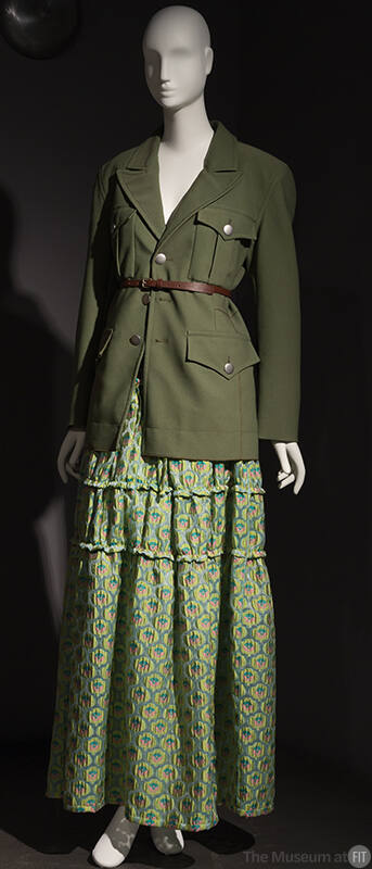 Miliarty style green jacket with belt and green floral tiered ankle length skirt 