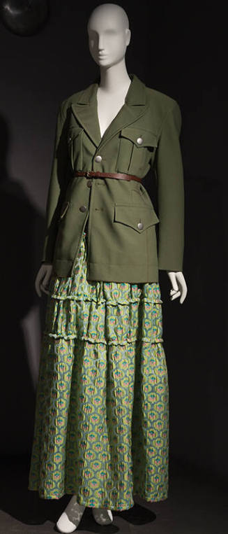 Miliarty style green jacket with belt and green floral tiered ankle length skirt 
