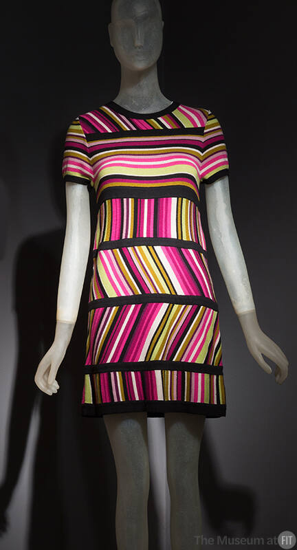 Mini short-sleeve with rows of hot pink, lime green, black, and white stripe variations