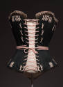Black corset with pink lace top trim, pink lace closure and pink X stitches throughout