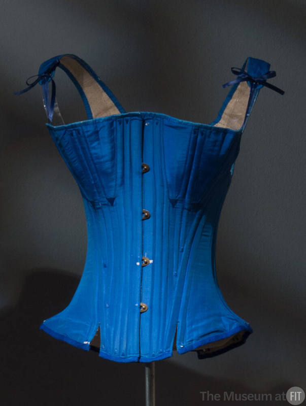Vibrant blue boned corset with shoulder straps that tie in front