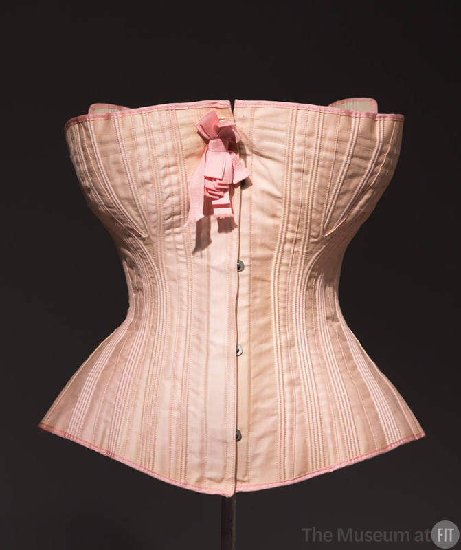 Pink cotton strapless stitched hook front corset with pink bow 