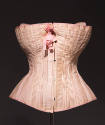 Pink cotton strapless stitched hook front corset with pink bow 