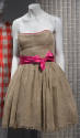 Ntural burlap linen strapless dress with full skirt; bright pink lining and tied ribbon at wais…