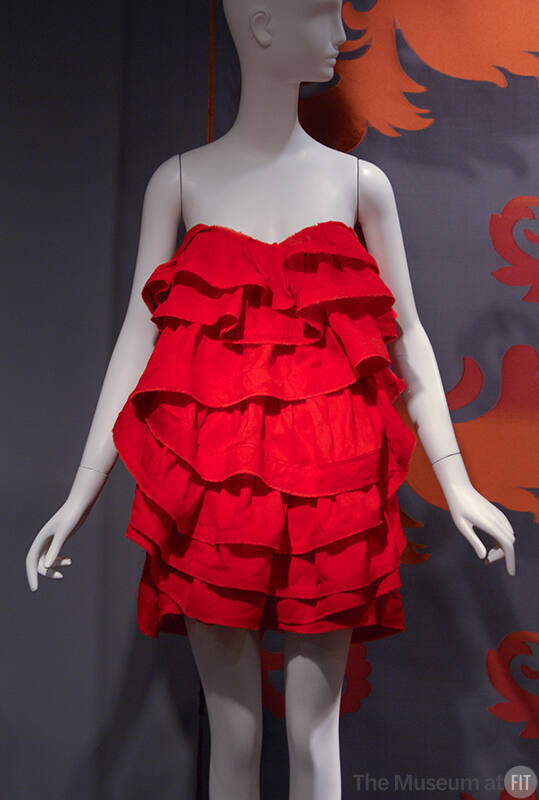 Red strapless mini dress with sweetheart neckline and tiered oversize ruffles