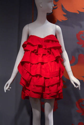 Red strapless mini dress with sweetheart neckline and tiered oversize ruffles