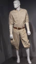 Man’s white baseball uniform of collarless elbow-length button front shirt with a long sleeve s…