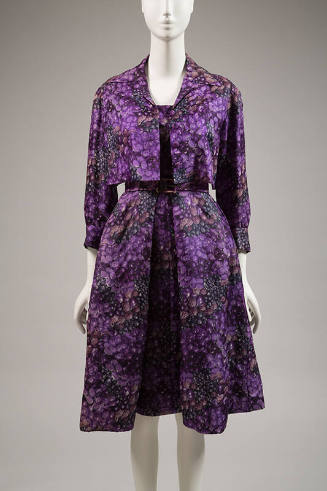 Dress and jacket; all over fruit print in purple, blue, red