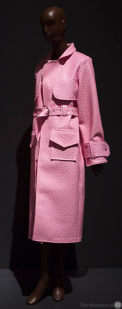 Pink faux ostrich trench coat with patch pockets