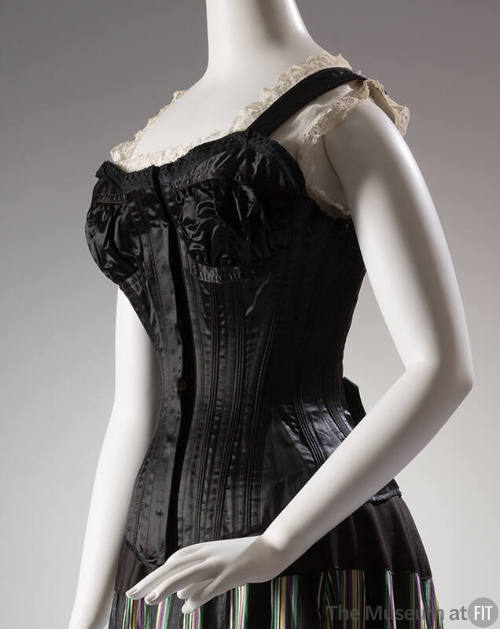 Black satin corset with topstitching and boning, shoulder straps