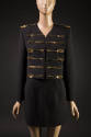 Black wool long sleeve jacket embellished with 14 gold metal forks, spoons, and knives, matchin…