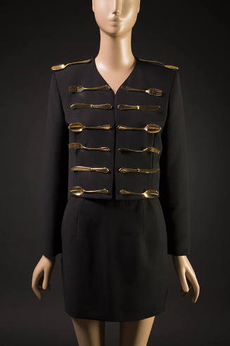 Black wool long sleeve jacket embellished with 14 gold metal forks, spoons, and knives, matchin…