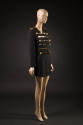 3/4 view of black wool long sleeve jacket embellished with 14 gold metal forks, spoons, and kni…