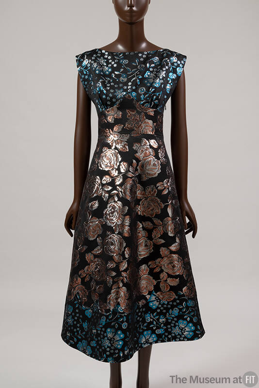 Black sleeveless dress with orange and silver rose pattern and blue and silver floral design bo…