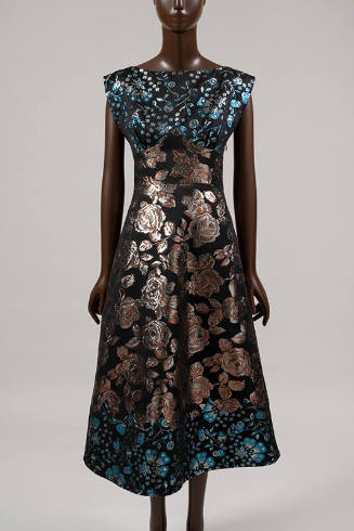 Black sleeveless dress with orange and silver rose pattern and blue and silver floral design bo…