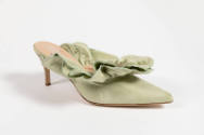 Green moire low heel slide sandal with ruffled instep