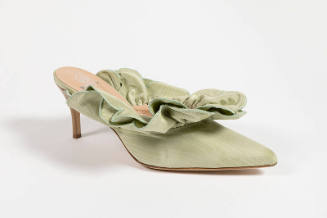 Green moire low heel slide sandal with ruffled instep