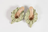 Top view of green moire slide sandal with ruffled instep