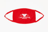 Flat view of red face mask with white text: I Am Essential and #wefeedyou