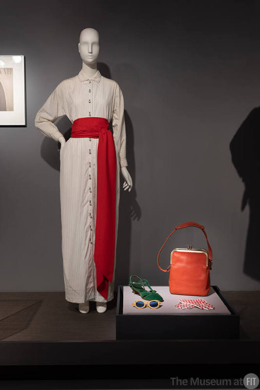 Claire McCardell dress, circa 1957, with accessories by Capezio, Claire McCardell for Sunspecs, Coach, and Claire McCardell, circa 1953-circa 1955