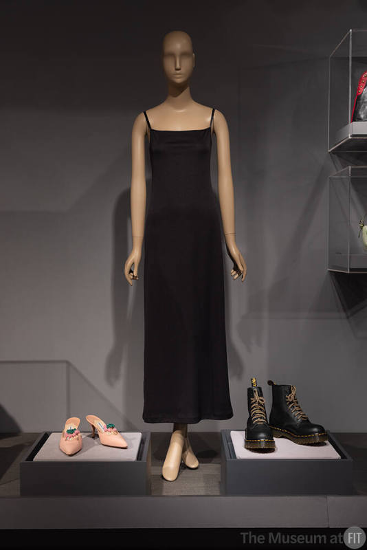 Vivienne Tam slip dress, 1998, Manolo Blahnik silk mules, spring 1995, Dr. Martens boots, 2000
