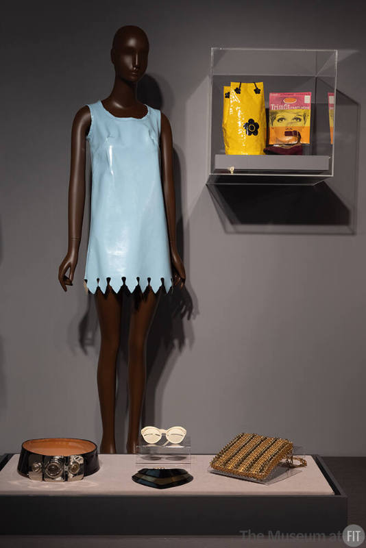 Paraphernalia dress, 1965-1968, with accessories by Mary Quant, David Evins, Trimfit, Pierre Cardin, unidentified designer, André Courrèges, and Paco Rabanne, 1964-1971