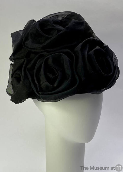 Black organza rosettes on black hat