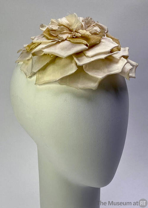Hat, large white silk and velvet rose