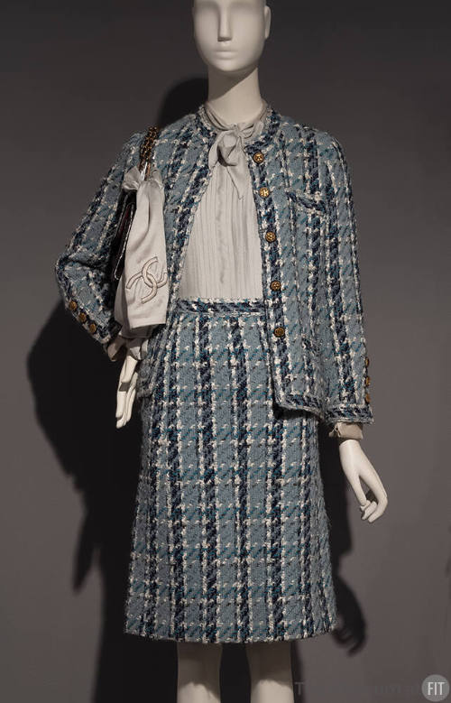Navy blue, aqua and white plaid suit with boxy jacket and straight skirt, light blue scarf 