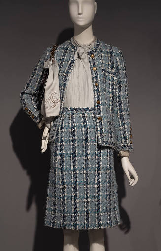 Navy blue, aqua and white plaid suit with boxy jacket and straight skirt, light blue scarf 