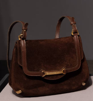 Brown suede bag with brown leather trim and gold hardware