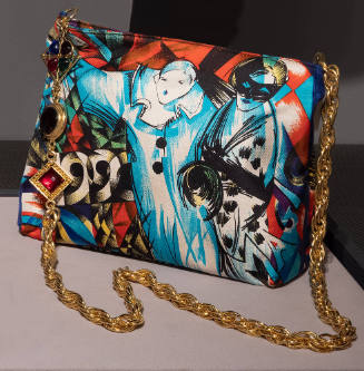 Rectangular shoulder bag in abstract print of figures and shapes blue, red, black, white and ye…