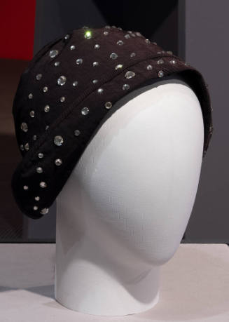 Black bonnet with rhinestones; narrow brim