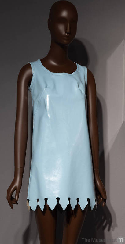 Turquoise blue vinyl sleeveless A-line mini dress with pointed scalloped hem
