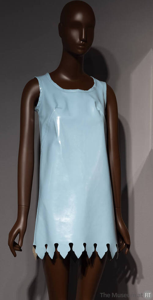 Turquoise blue vinyl sleeveless A-line mini dress with pointed scalloped hem