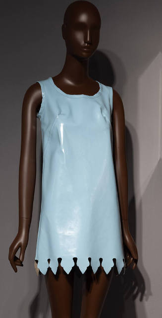 Turquoise blue vinyl sleeveless A-line mini dress with pointed scalloped hem