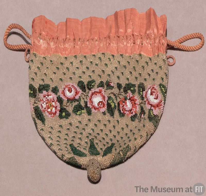 Beige beaded reticule with pink drawstring top and horizontal band of pink and green roses in c…