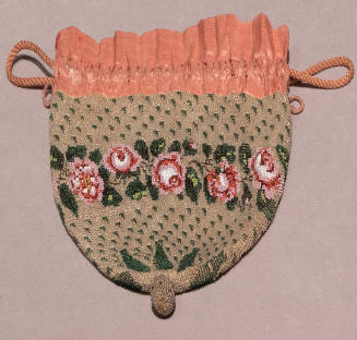 Beige beaded reticule with pink drawstring top and horizontal band of pink and green roses in c…