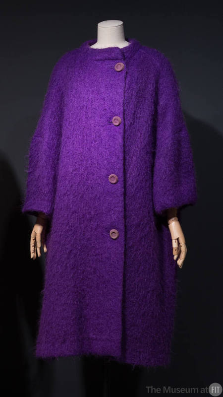 Purple knee-length barrel coat with wide sleeves and large left-of-center buttons