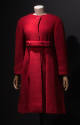 Red collarless coat flared from waist with large red button neck closure and matching belt with…