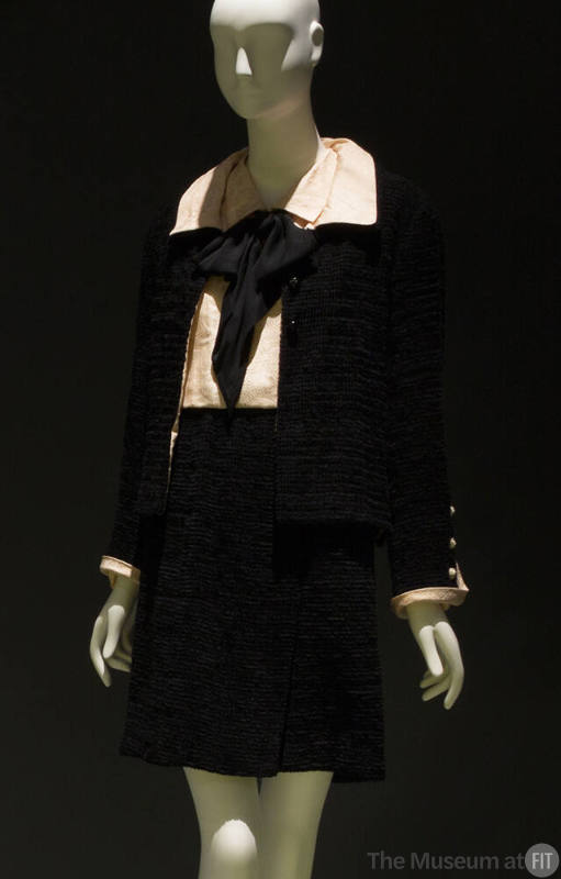 Black chenille jacket and dress set, off-white peter pan collar and cuffs with black silk bow a…