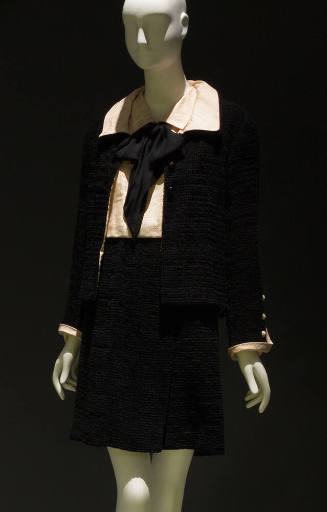 Black chenille jacket and dress set, off-white peter pan collar and cuffs with black silk bow a…